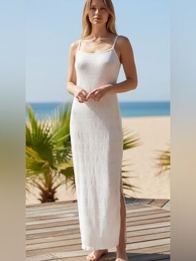 Magnolia Boutique Sleeveless Dress White Crochet Knit Spaghetti Strap Maxi Sz L